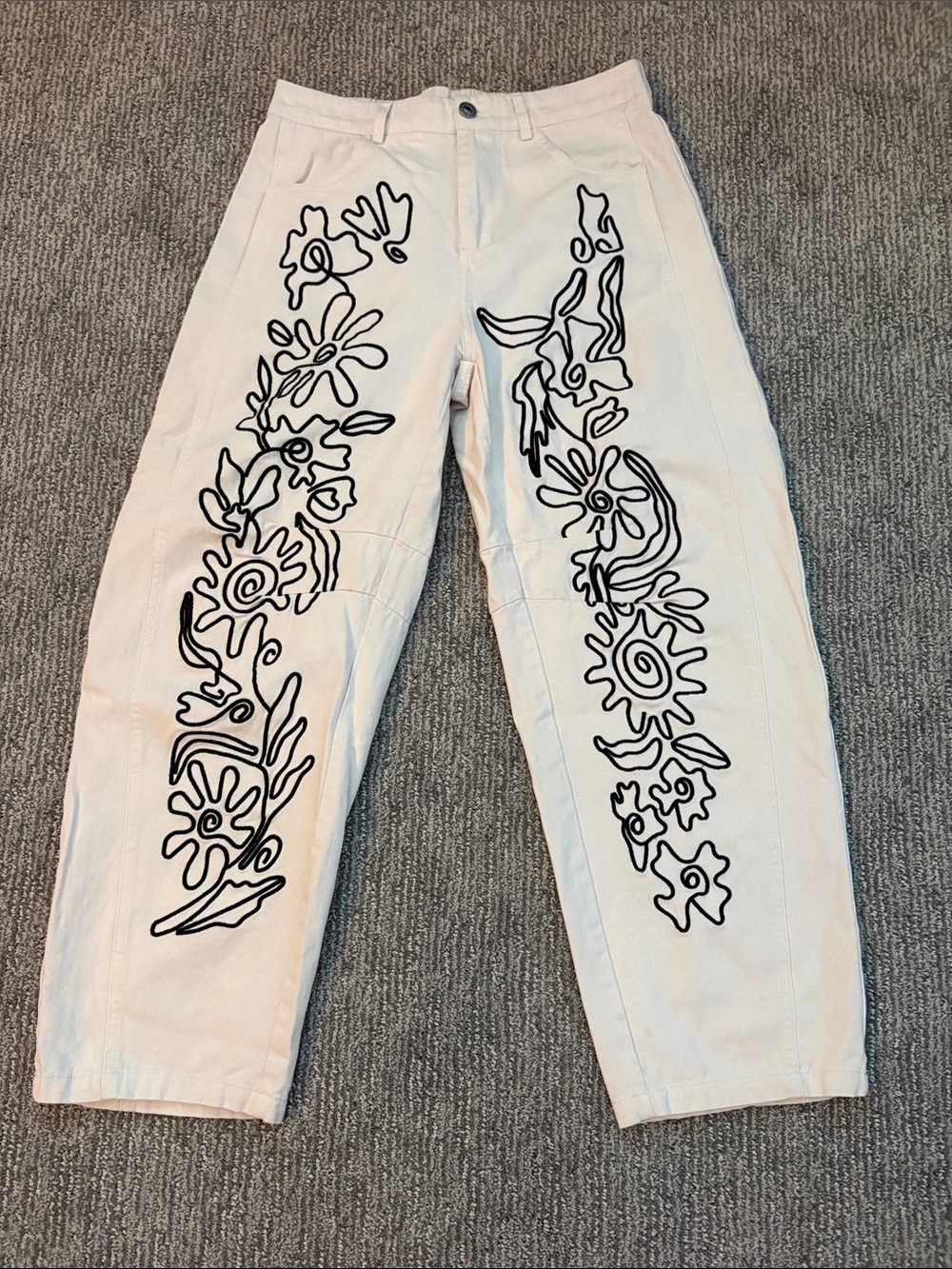 Cream Floral-Strip Barrel Style Embroidered Women’s Jeans